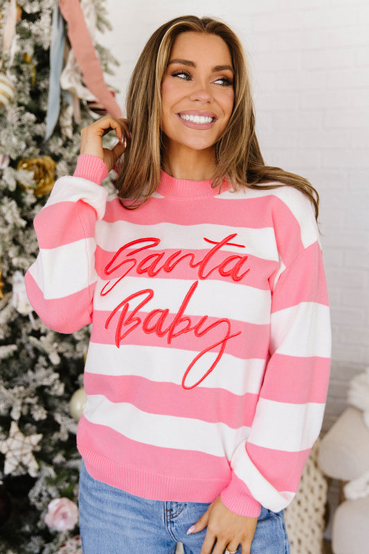 Pink Stripe Santa Baby Embroidered Christmas Slogan Drop Shoulder Pullover Sweater-Sweaters & Cardigans/Sweaters-[Adult]-[Female]-Pink Stripe-S-2022 Online Blue Zone Planet