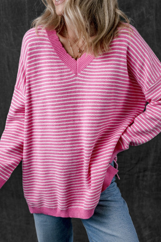 Striped V-Neck Dropped Shoulder Sweater-TOPS / DRESSES-[Adult]-[Female]-Hot Pink-S-2022 Online Blue Zone Planet