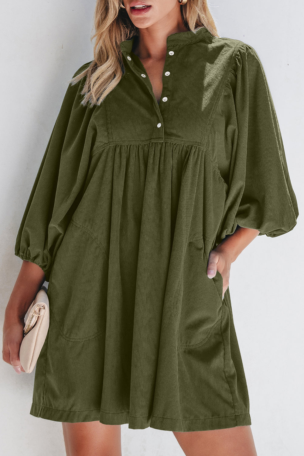 Blue Zone Planet | Vineyard Green Corduroy Snap Buttons Empire Waist Bracelet Sleeve Mini Dress-TOPS / DRESSES-[Adult]-[Female]-2022 Online Blue Zone Planet