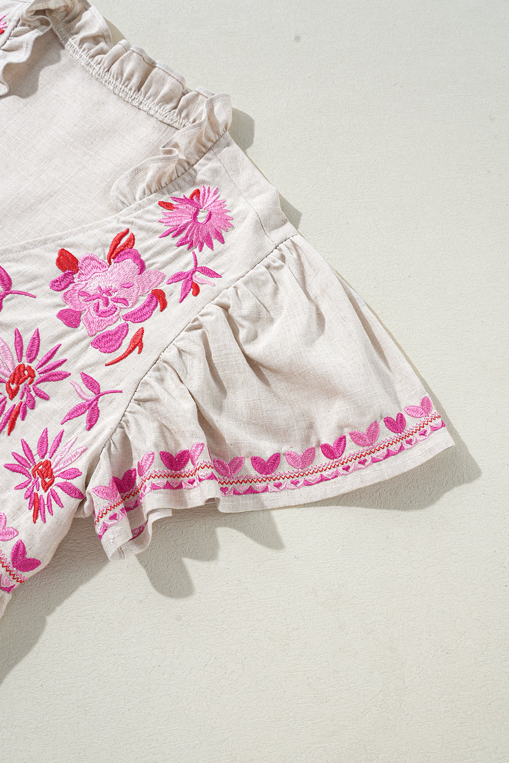 Beige Floral Embroidered Short Sleeve Notched V Neck Blouse