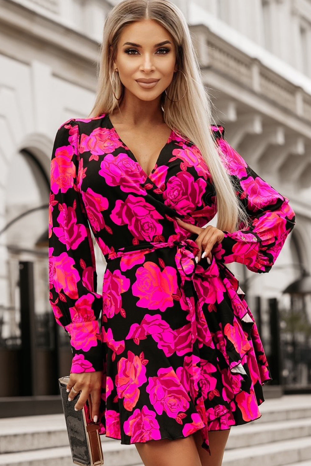 Blue Zone Planet | Rose Floral Print V Neck Wrap Bishop Sleeve Ruffle Tiered Mini Dress-TOPS / DRESSES-[Adult]-[Female]-Rose-S-2022 Online Blue Zone Planet