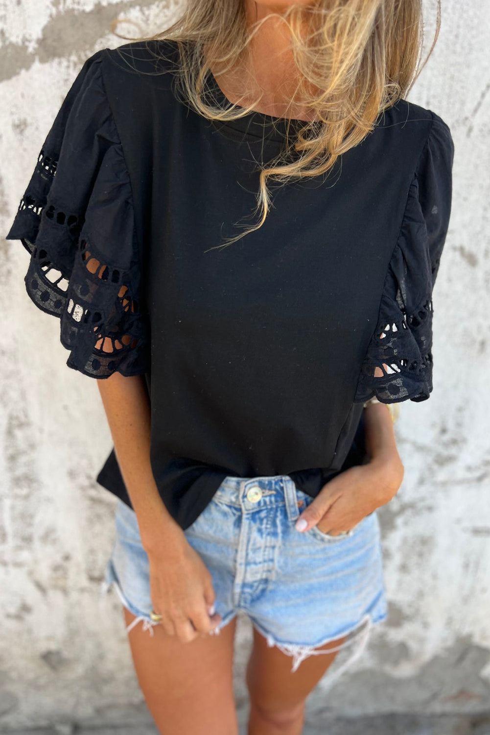 Black Hollow Out Embroidered Short Sleeve O Neck Top-Tops/Tops & Tees-[Adult]-[Female]-Black-S-2022 Online Blue Zone Planet