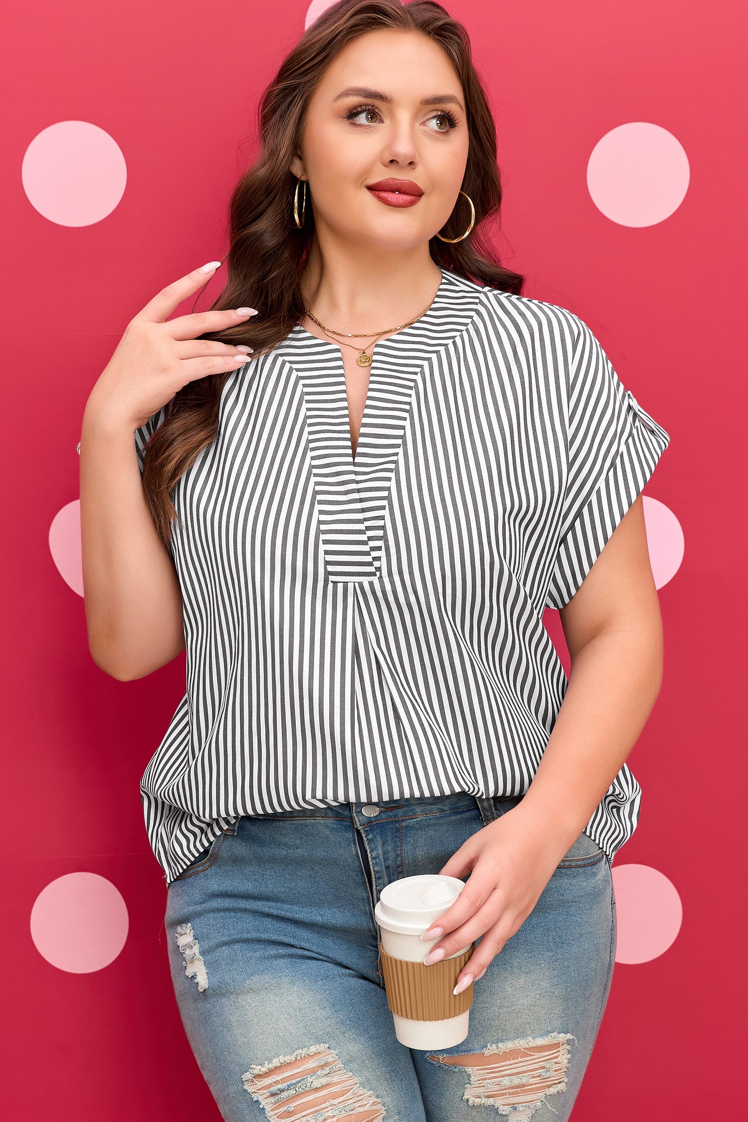 Black Stripe Plus Size V Neck Roll-Tab Short Dolman Sleeve Blouse-Plus Size/Plus Size Tops/Plus Size Blouses & Shirts-[Adult]-[Female]-2022 Online Blue Zone Planet