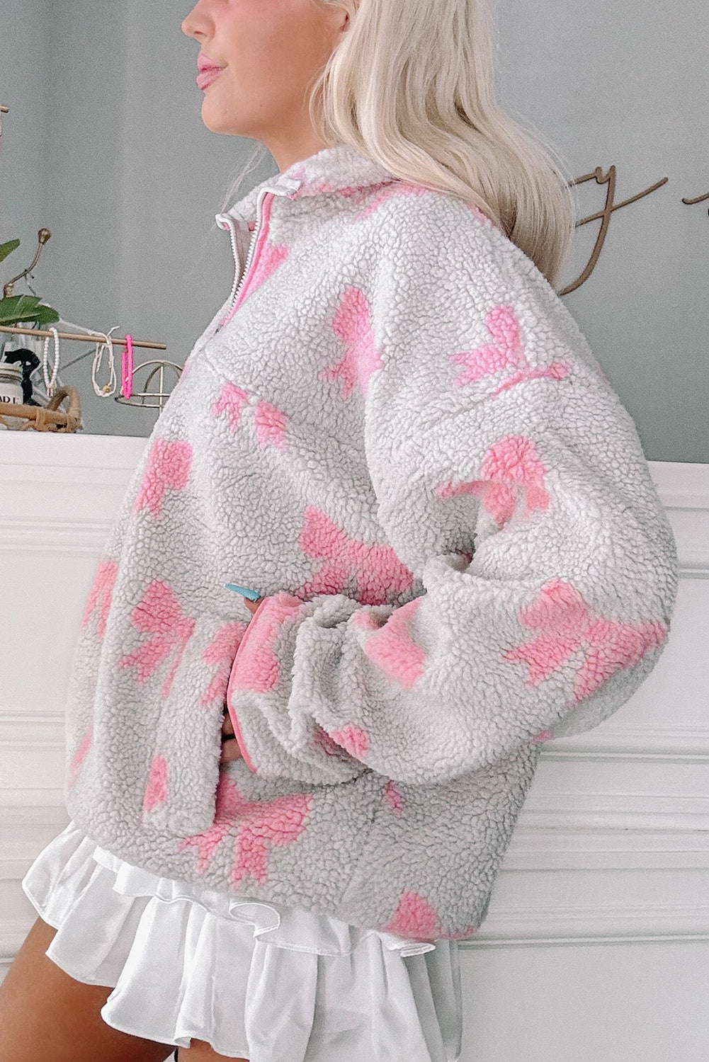 Gray Bow Sherpa Quarter Zip Drop Shoulder Baggy Sweatshirt-Tops/Sweatshirts & Hoodies-[Adult]-[Female]-2022 Online Blue Zone Planet