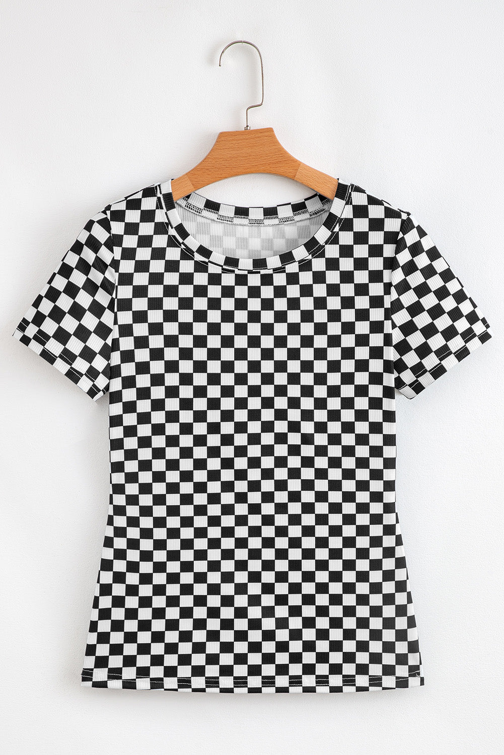 Black Checkered Ribbed Slim Fit Crew Neck T Shirt-Tops/Tops & Tees-[Adult]-[Female]-2022 Online Blue Zone Planet