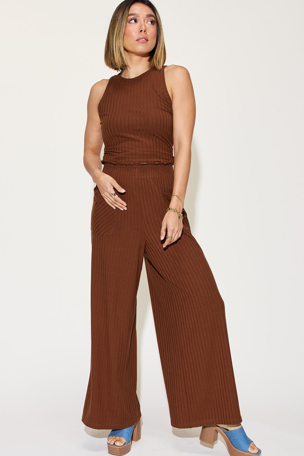 Basic Bae Full Size Ribbed Tank and Wide Leg Pants Set-TOPS / DRESSES-[Adult]-[Female]-Dark Brown-S-2022 Online Blue Zone Planet