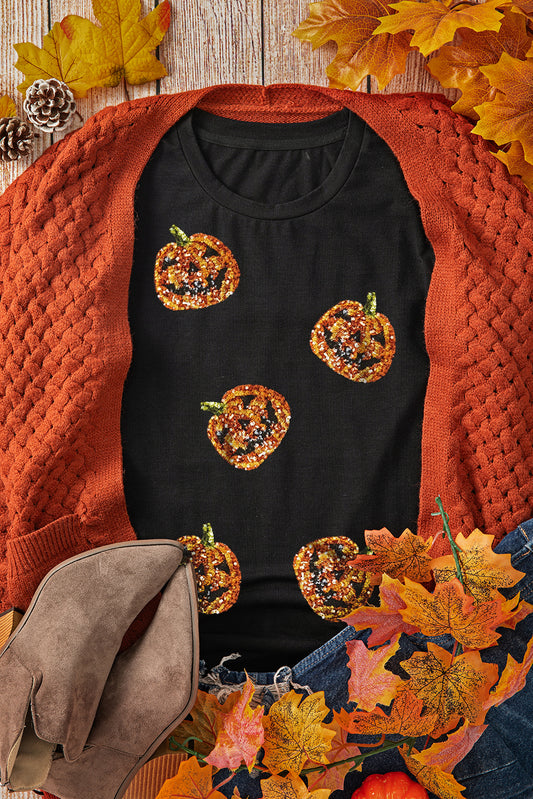 Black Sequin Pumpkin Face Halloween T Shirt-Graphic/Graphic Tees-[Adult]-[Female]-Black-S-2022 Online Blue Zone Planet