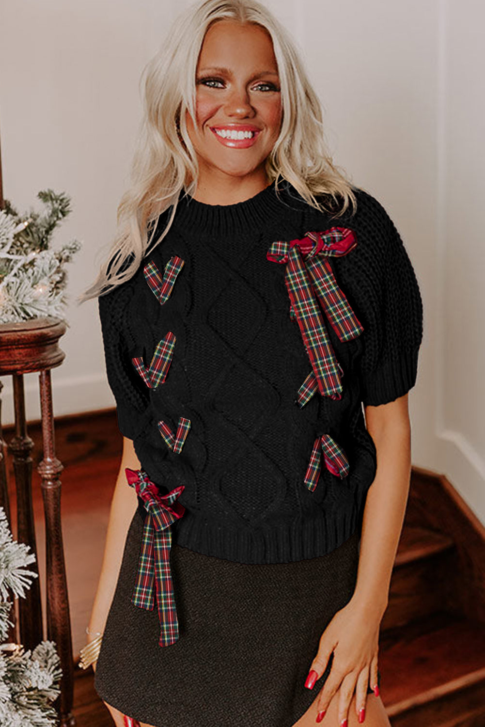 Black Plaid Lace up Detail Christmas Holiday Puff Short Sleeve Sweater-Sweaters & Cardigans/Short Sleeve Sweaters-[Adult]-[Female]-2022 Online Blue Zone Planet