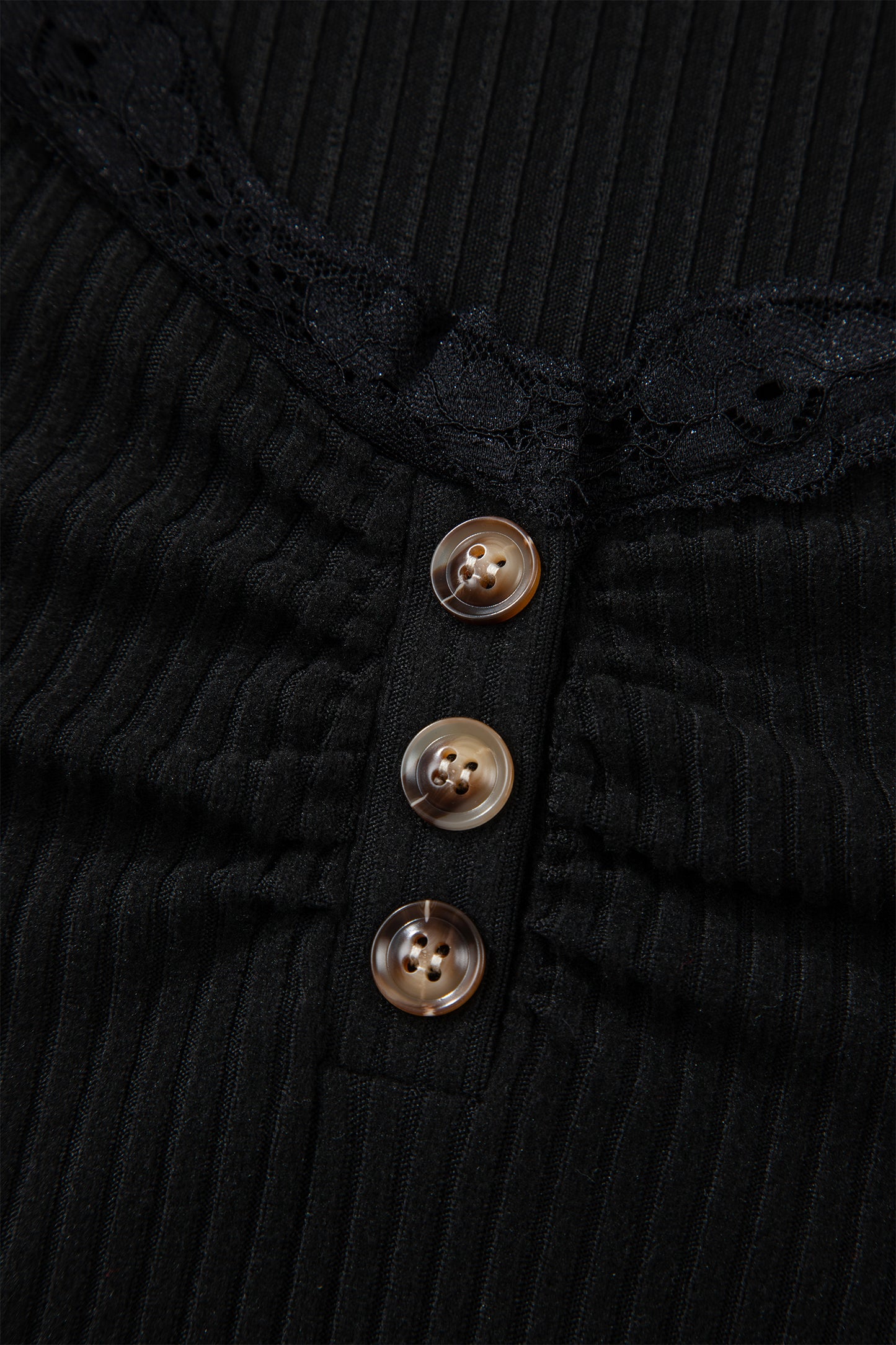 Black Lace Neckline Button Decor Lettuce Edge Long Sleeve Ribbed Top-Tops/Long Sleeve Tops-[Adult]-[Female]-2022 Online Blue Zone Planet