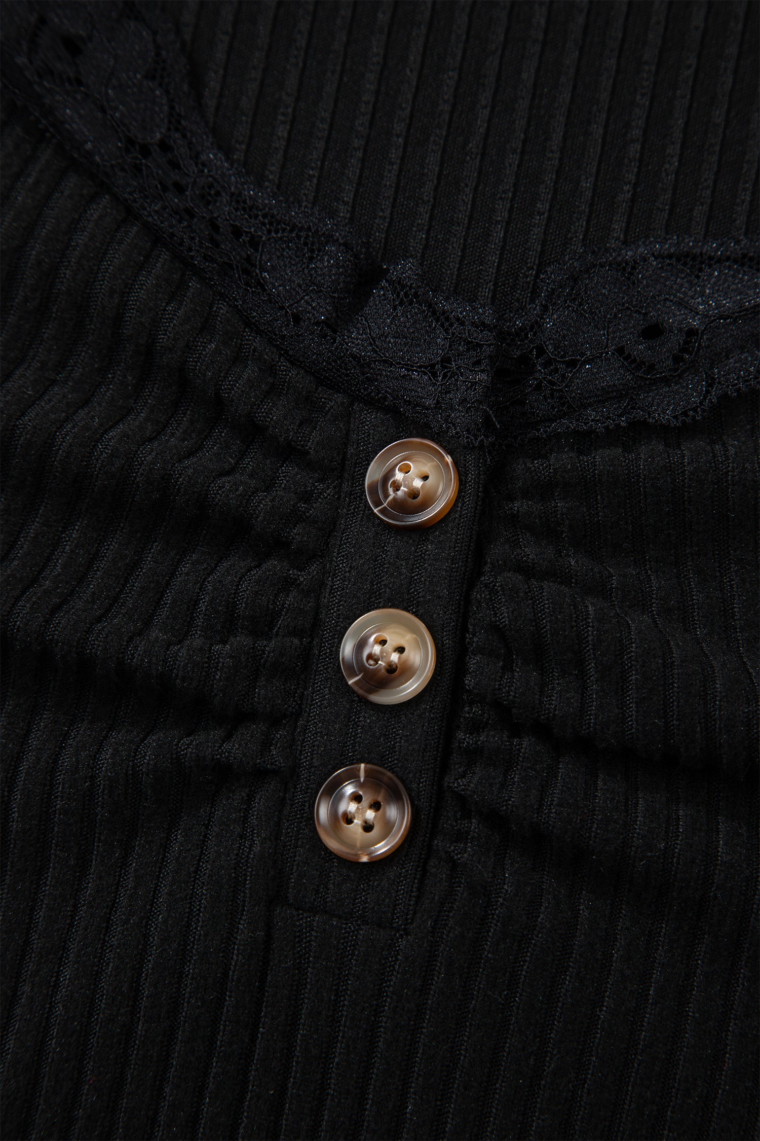 Black Lace Neckline Button Decor Lettuce Edge Long Sleeve Ribbed Top-Tops/Long Sleeve Tops-[Adult]-[Female]-2022 Online Blue Zone Planet