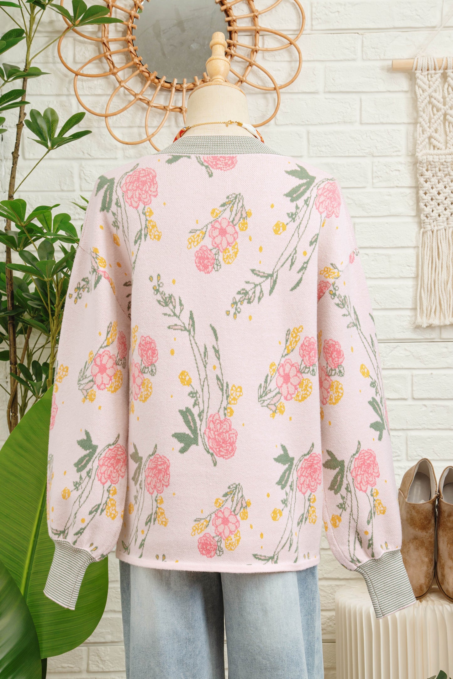 Pink Floral Pattern Striped V Neck Loose Sweater-TOPS / DRESSES-[Adult]-[Female]-2022 Online Blue Zone Planet