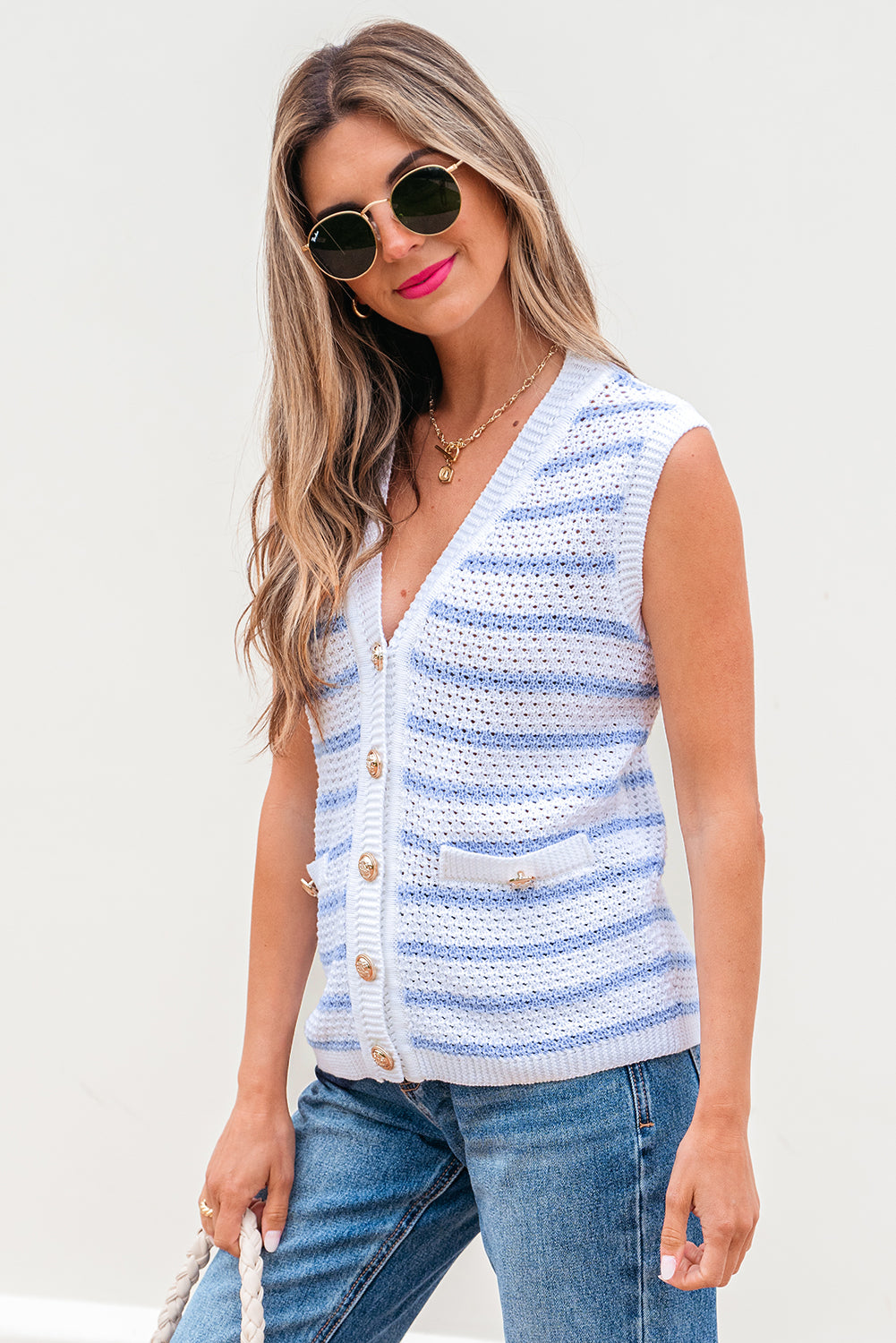 Sky Blue Stripe V Neck Gold Buttons Elegant Sweater Vest-Sweaters & Cardigans/Sweater Vests-[Adult]-[Female]-2022 Online Blue Zone Planet