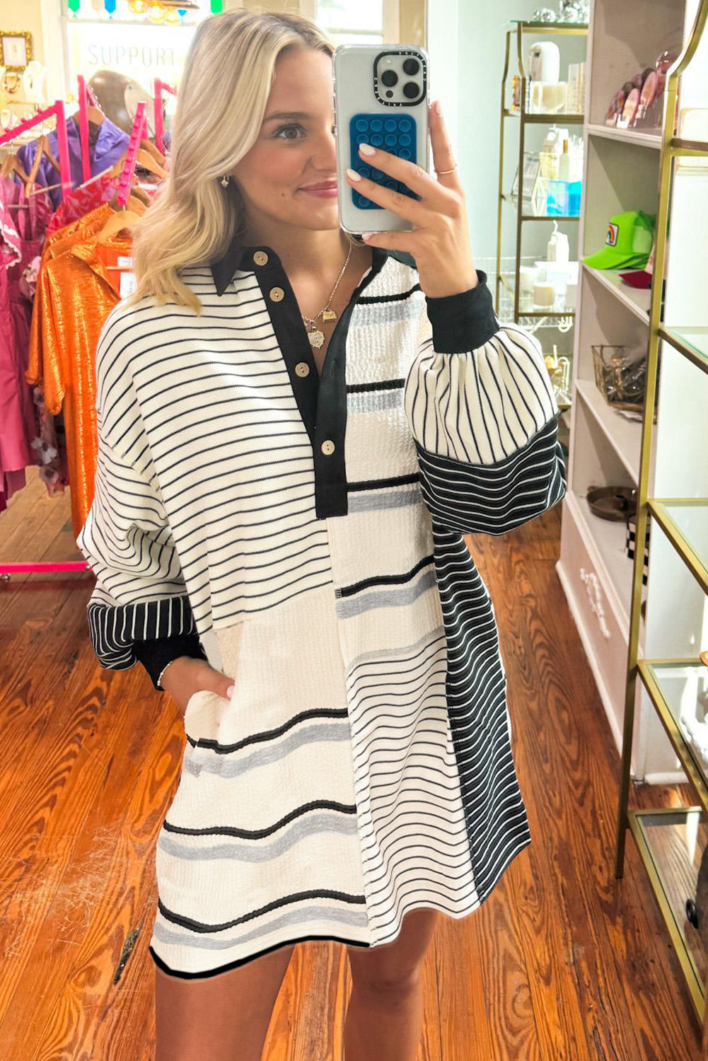 Blue Zone Planet | Black Stripe Colorblock Knit Henley Collar Shift Long Sleeve Mini Dress-TOPS / DRESSES-[Adult]-[Female]-2022 Online Blue Zone Planet