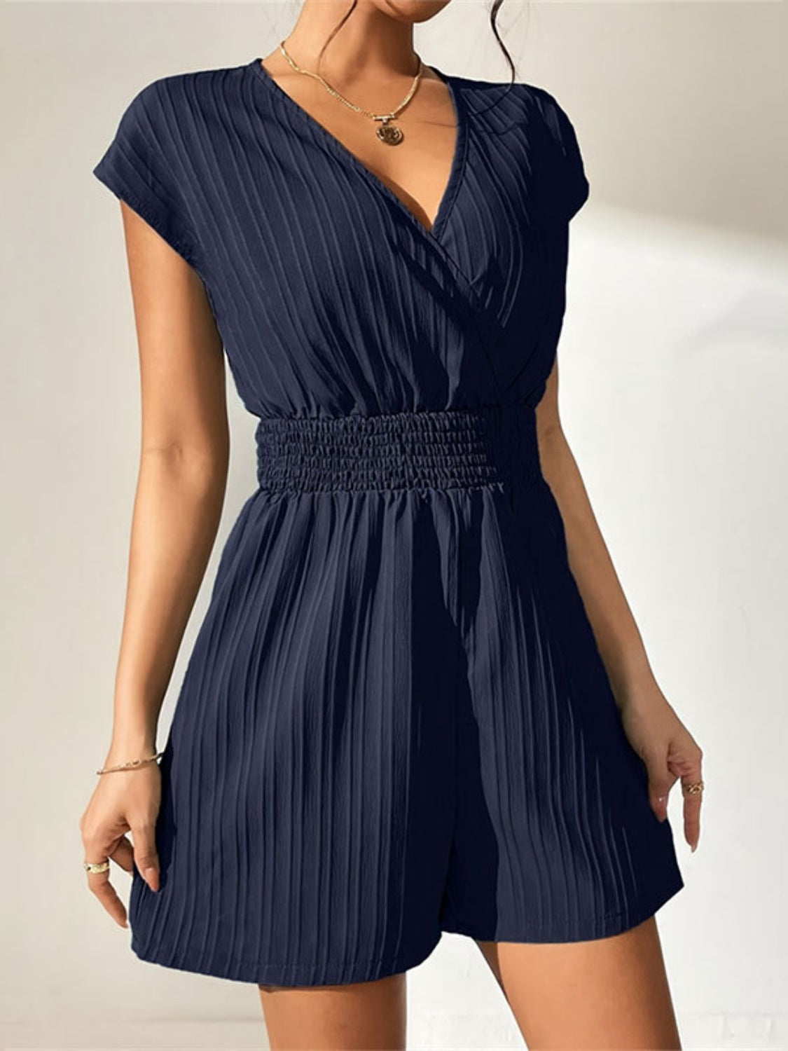 Tied Surplice Short Sleeve Romper-TOPS / DRESSES-[Adult]-[Female]-Navy-S-2022 Online Blue Zone Planet