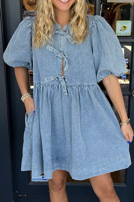 Dusk Blue Bowknot Bubble Sleeve Short Denim Dress