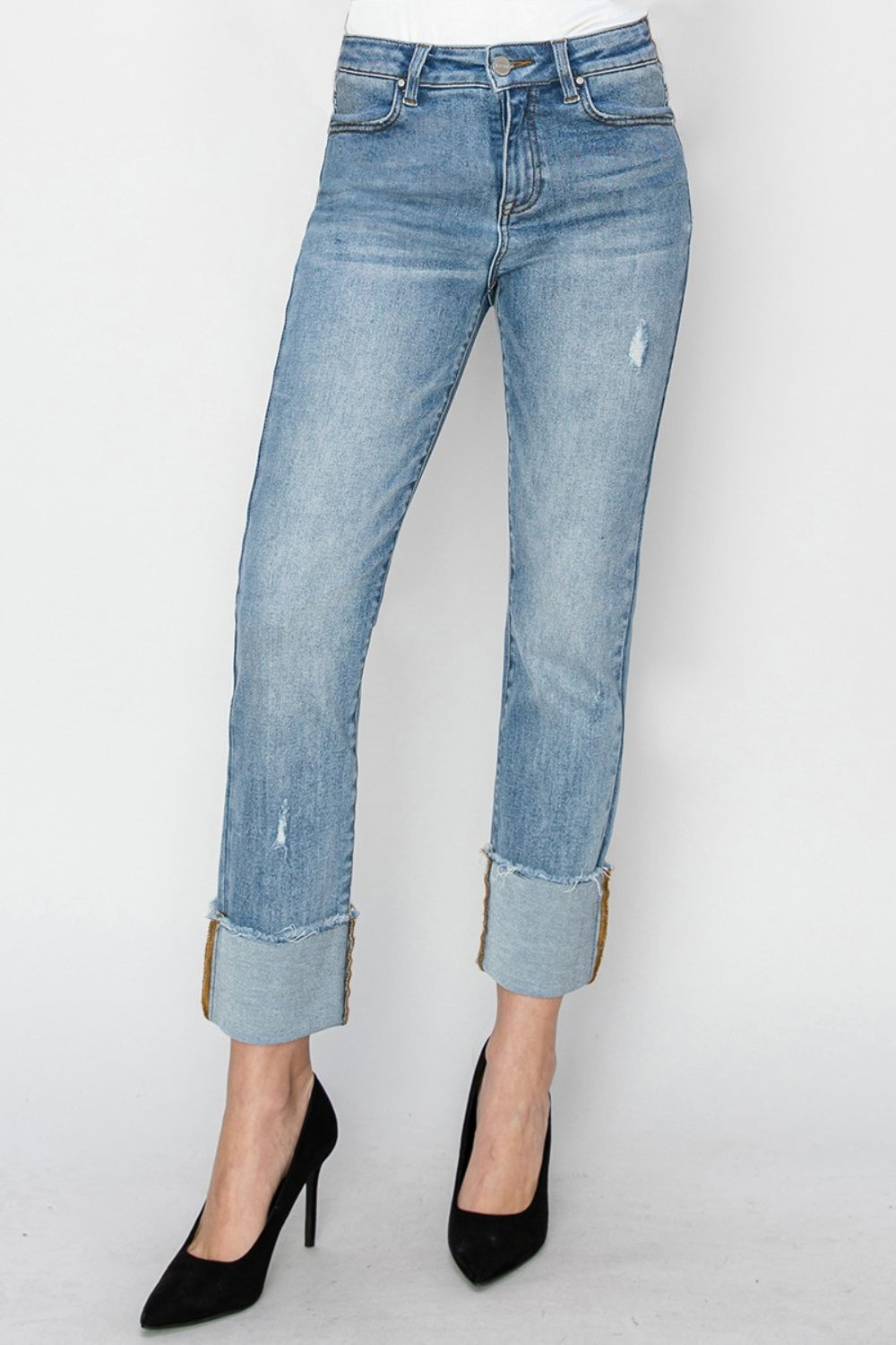 RISEN Full Size High Rise Cuffed Slim Straight Jeans-[Adult]-[Female]-2022 Online Blue Zone Planet