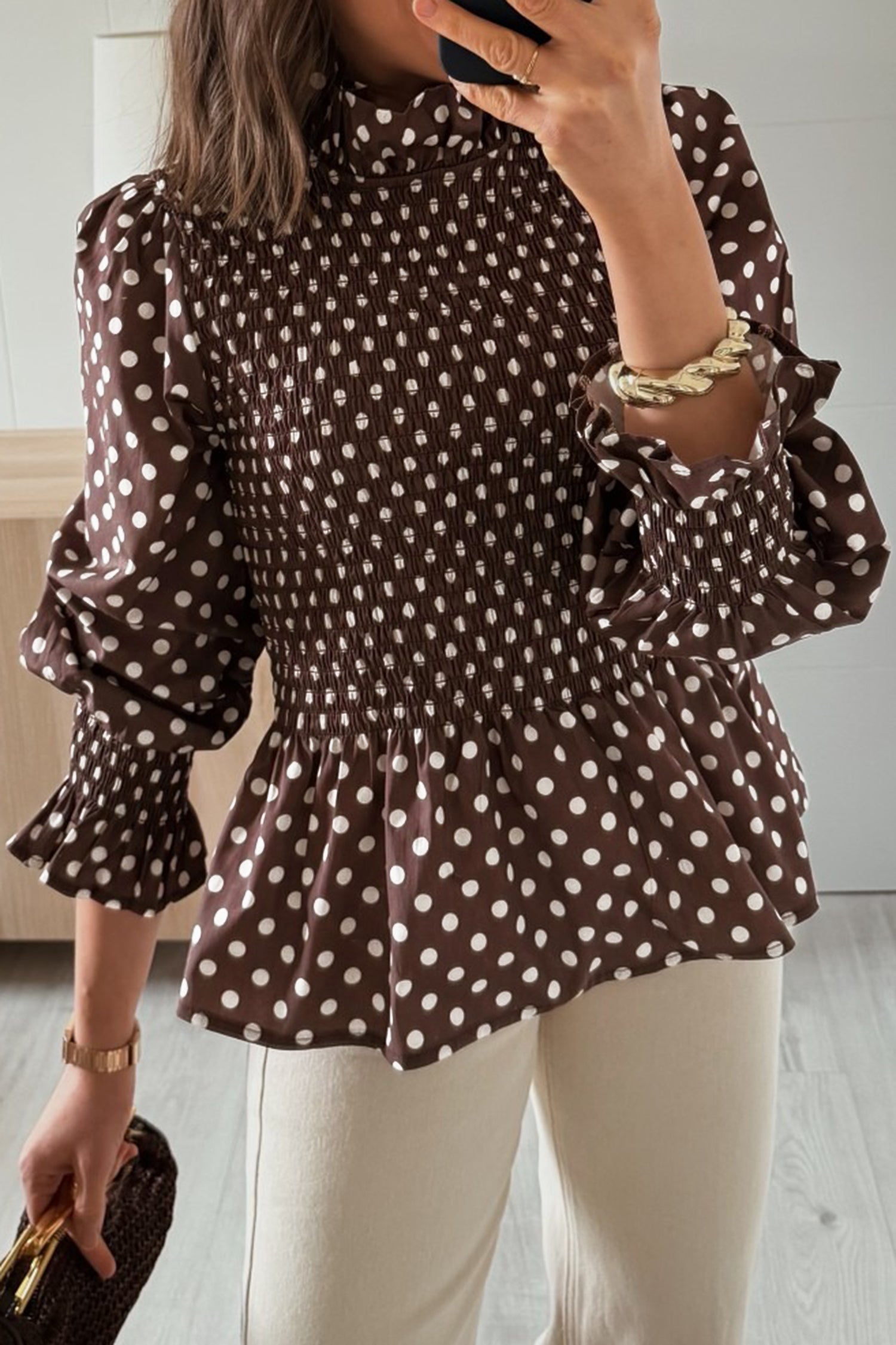 Brown Polka Dot Ruffled High Neck Shirred Ruffle Hem Blouse-Tops/Blouses & Shirts-[Adult]-[Female]-2022 Online Blue Zone Planet