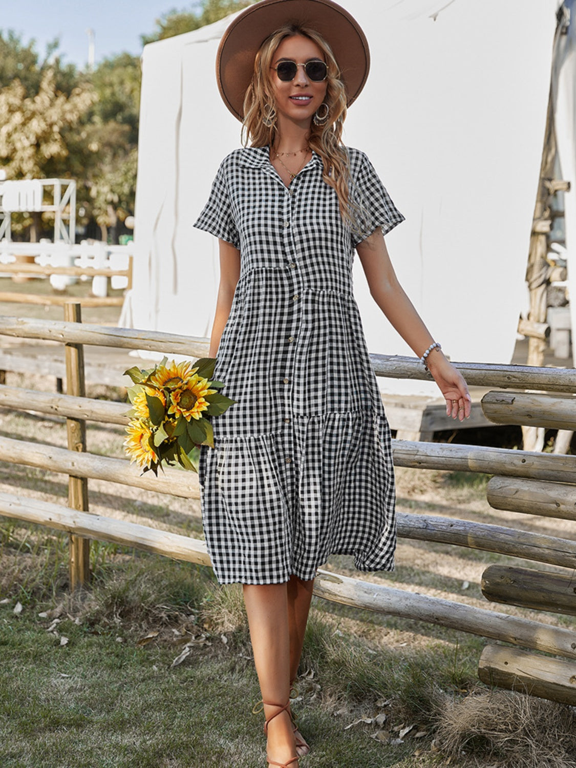 Blue Zone Planet | Button Up Plaid Short Sleeve Midi Dress-TOPS / DRESSES-[Adult]-[Female]-Black-S-2022 Online Blue Zone Planet