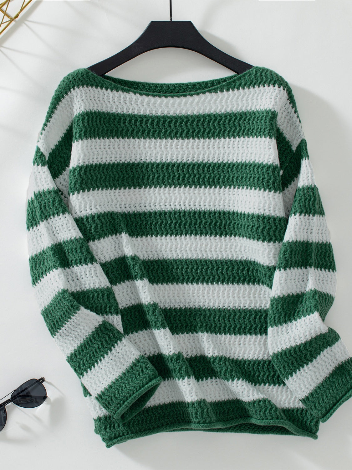 Blue Zone Planet | Striped Dropped Shoulder Long Sleeve Sweater-TOPS / DRESSES-[Adult]-[Female]-Dark Green-S-2022 Online Blue Zone Planet