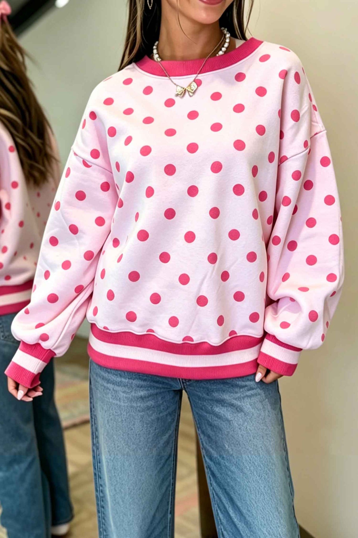 Brown Polka Dot Colorblock Round Neck Pullover Sweatshirt