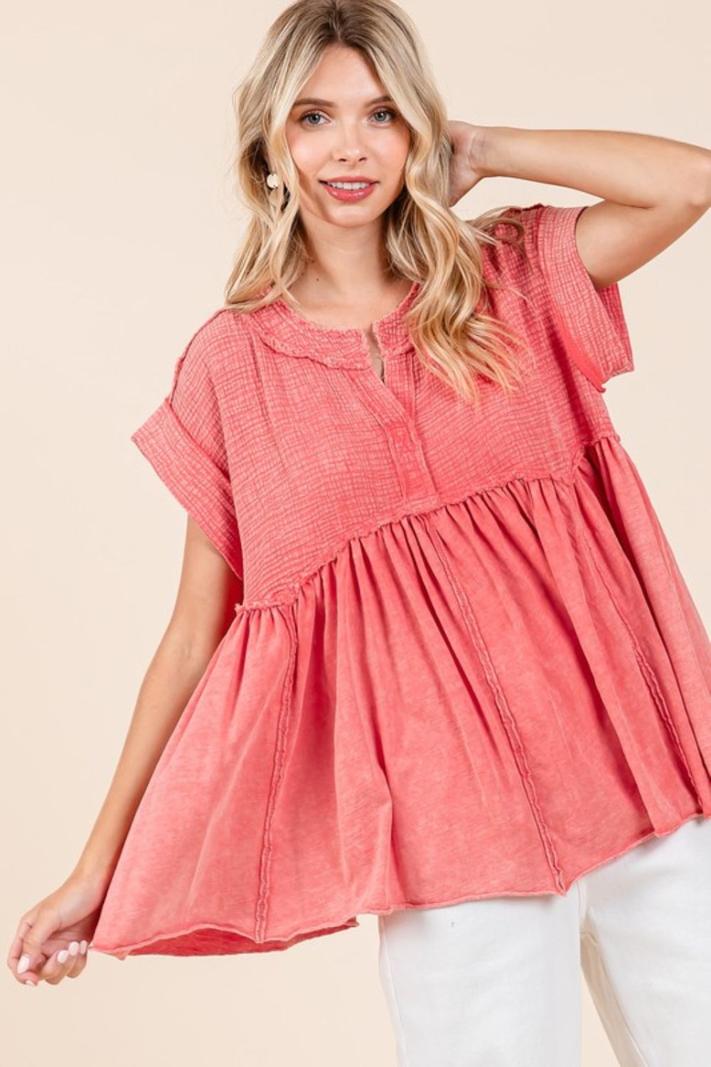 Mittoshop Mixed Media Mineral Wash Babydoll Short Sleeve Blouse-TOPS / DRESSES-[Adult]-[Female]-2022 Online Blue Zone Planet