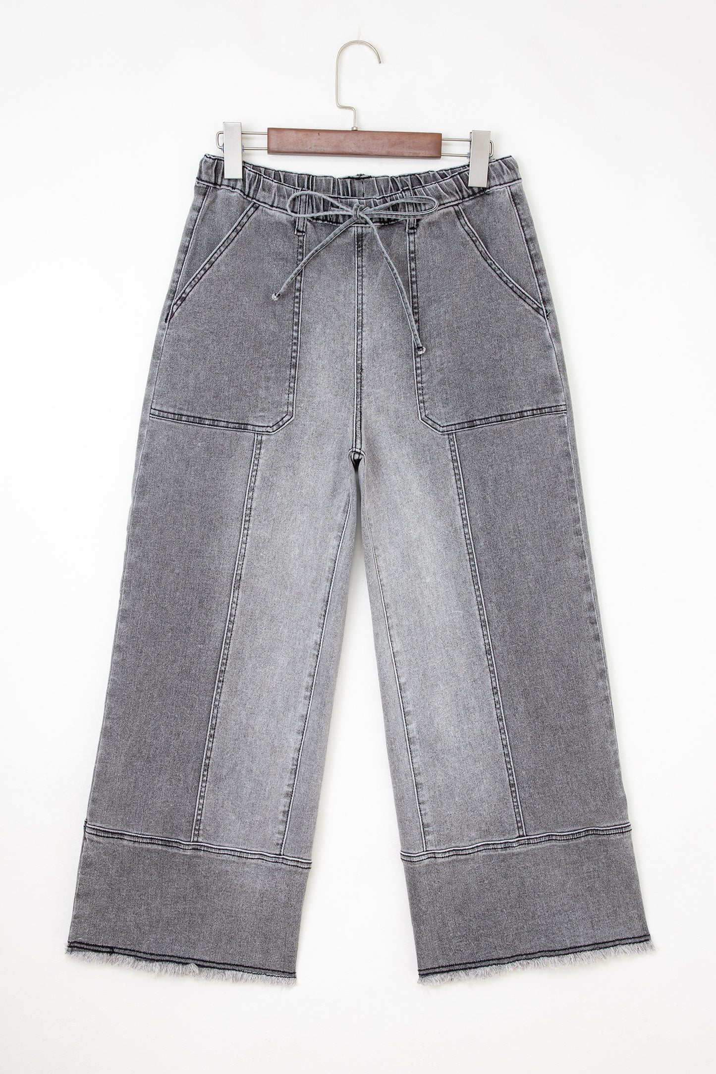 Gray Drawstring Seam Detail Raw Hem Wide Leg Denim Pants-Bottoms/Jeans-[Adult]-[Female]-Gray-4-2022 Online Blue Zone Planet
