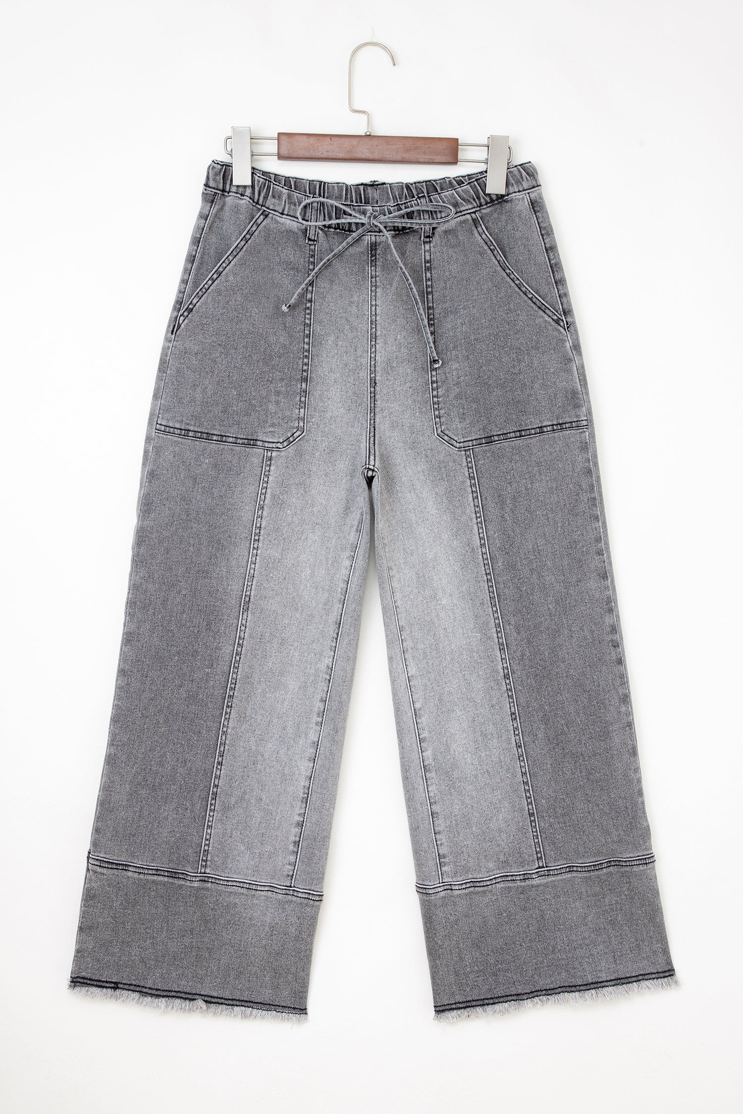 Gray Drawstring Seam Detail Raw Hem Wide Leg Denim Pants-Bottoms/Jeans-[Adult]-[Female]-Gray-4-2022 Online Blue Zone Planet