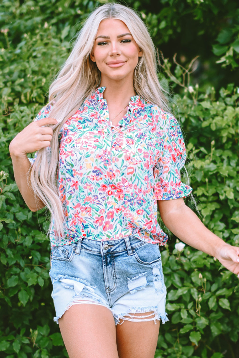 Pink Floral Print Button Split Neck Puff Sleeve Blouse-Tops/Blouses & Shirts-[Adult]-[Female]-2022 Online Blue Zone Planet