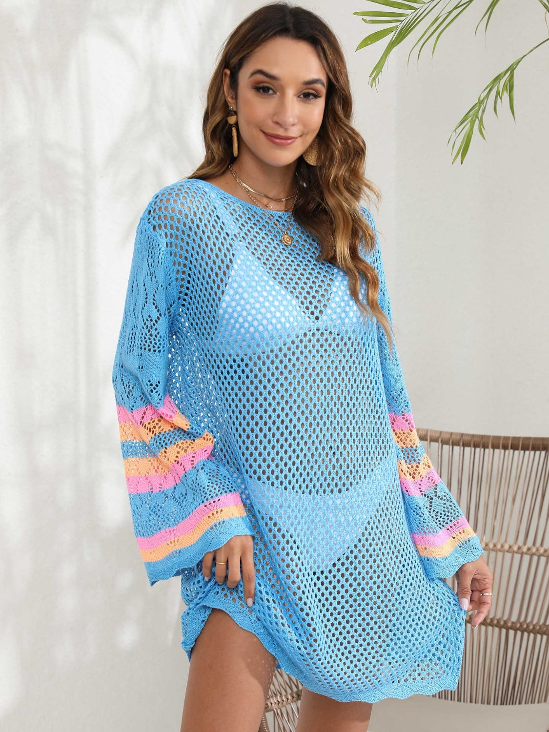 Blue Zone Planet |  Openwork Contrast Long Sleeve Cover-Up BLUE ZONE PLANET