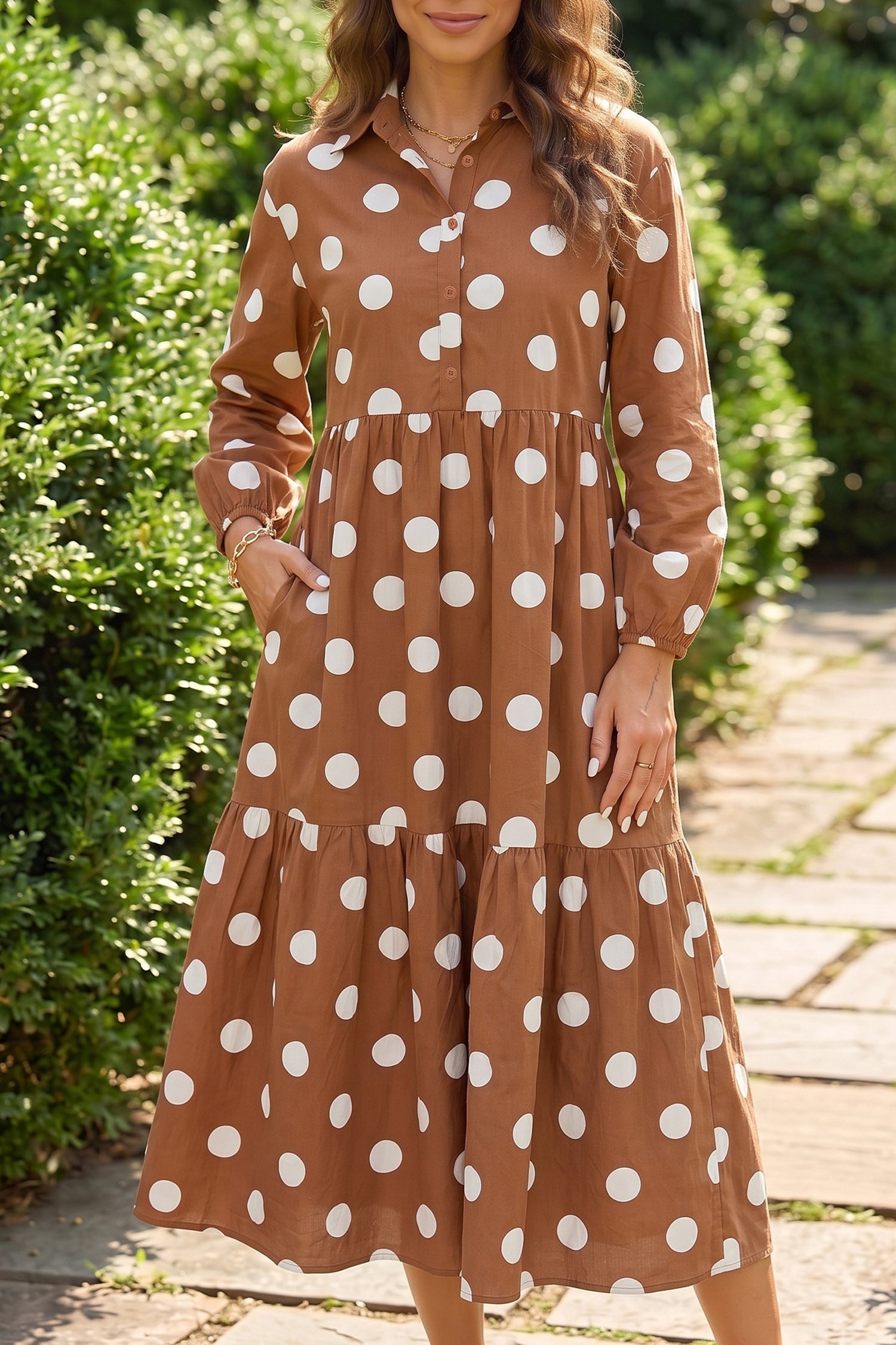 Brown Polka Dot Button Front Long Sleeve Shift Dress-TOPS / DRESSES-[Adult]-[Female]-Brown-S-2022 Online Blue Zone Planet