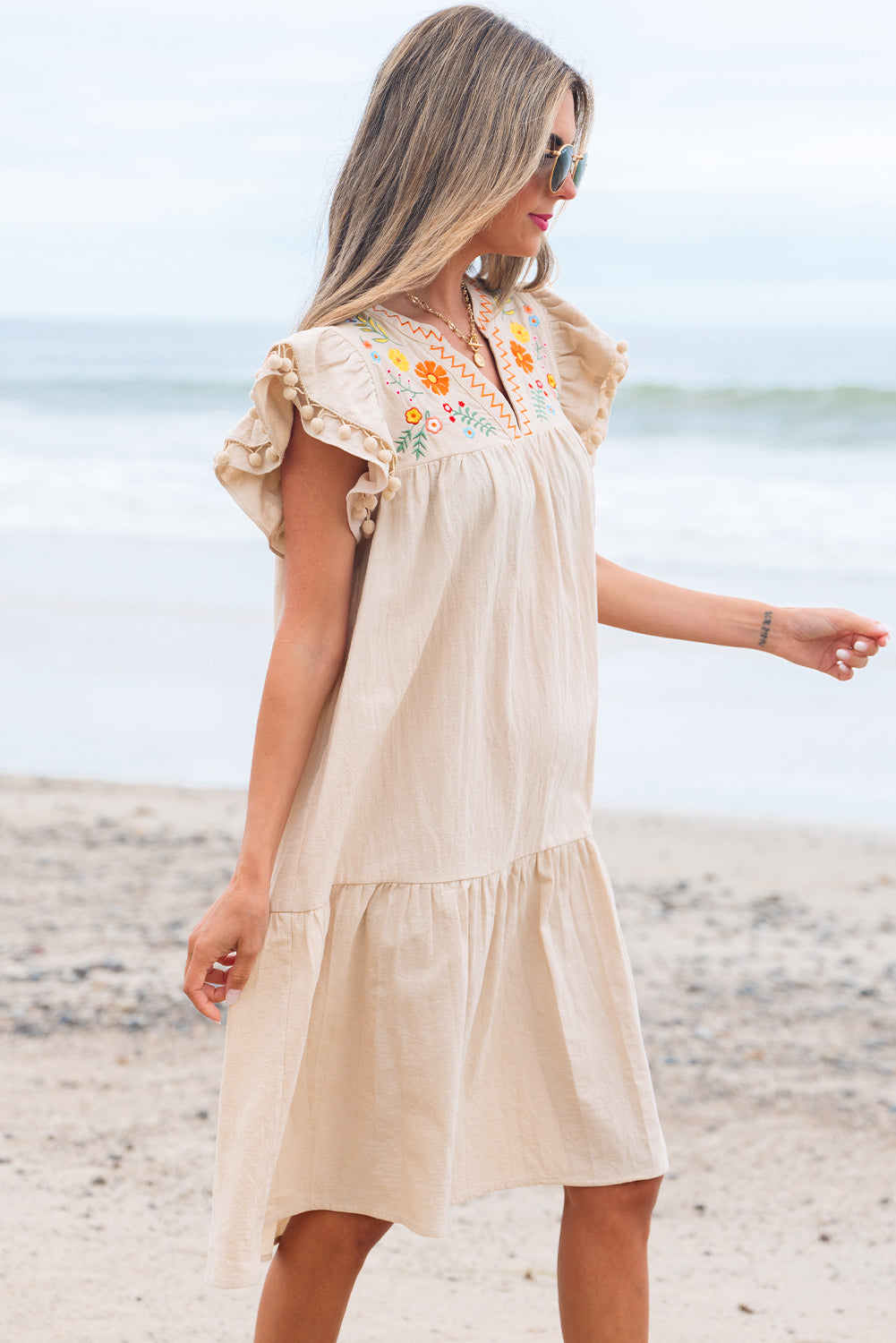 Jet Stream Linen Embroidery Split Neck Pom Pom Ruffle Sleeves Flowy Short Dress-Dresses/Mini Dresses-[Adult]-[Female]-2022 Online Blue Zone Planet
