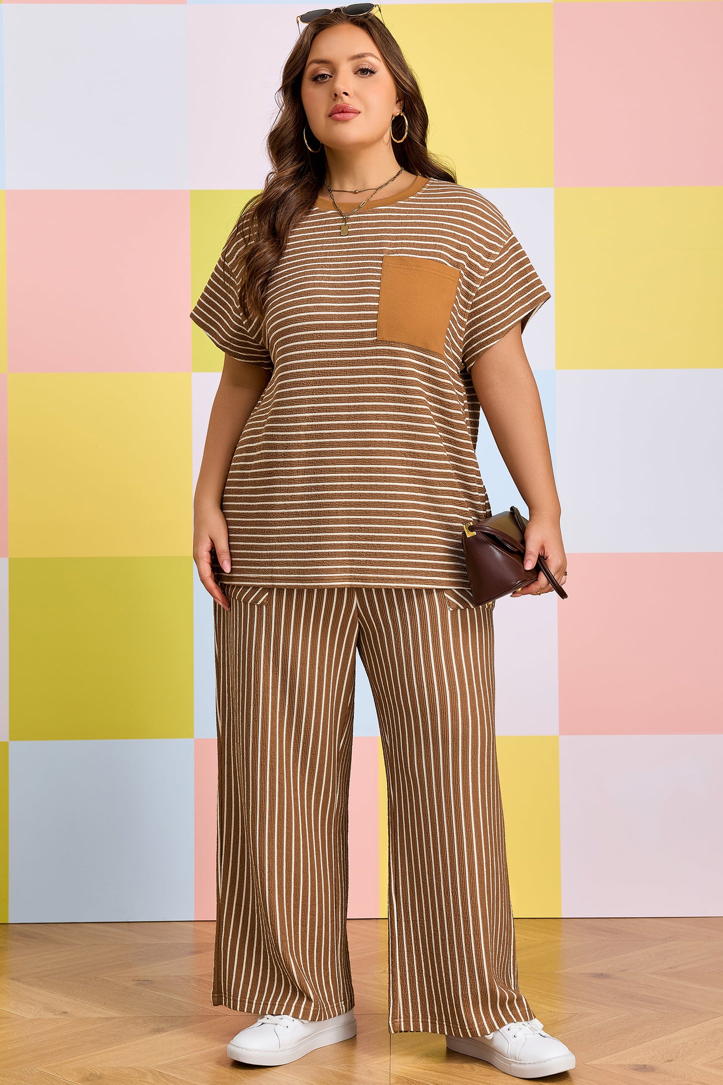 Khaki Stripe Plus Size Striped Colorblock Pocket Lounge Set-Plus Size/Plus Size Loungewear-[Adult]-[Female]-2022 Online Blue Zone Planet