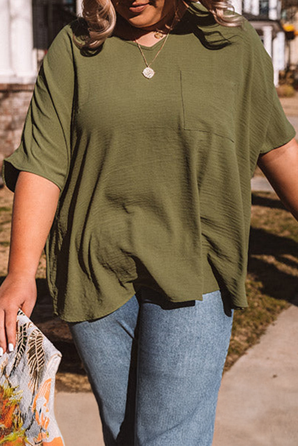 Four Leaf Clover Textured Half Sleeve V Neck Plus Size T Shirt with Chest Pocket-Plus Size/Plus Size Tops/Plus Size Tops & Tees-[Adult]-[Female]-Four Leaf Clover-1X-2022 Online Blue Zone Planet