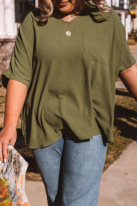 Four Leaf Clover Textured Half Sleeve V Neck Plus Size T Shirt with Chest Pocket-Plus Size/Plus Size Tops/Plus Size Tops & Tees-[Adult]-[Female]-Four Leaf Clover-1X-2022 Online Blue Zone Planet