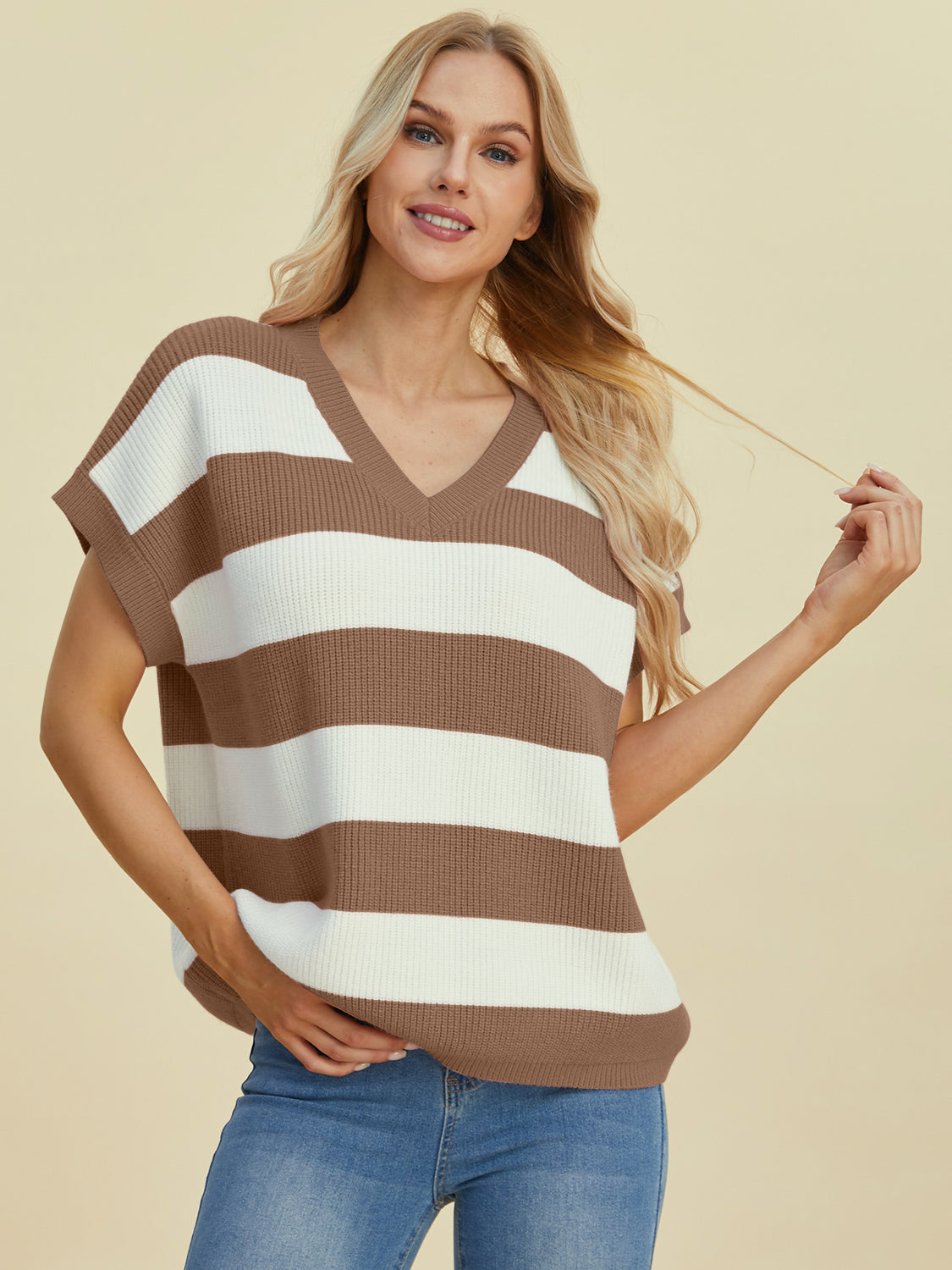 Double Take Full Size Striped V-Neck Short Sleeve Sweater-TOPS / DRESSES-[Adult]-[Female]-Camel-S-2022 Online Blue Zone Planet