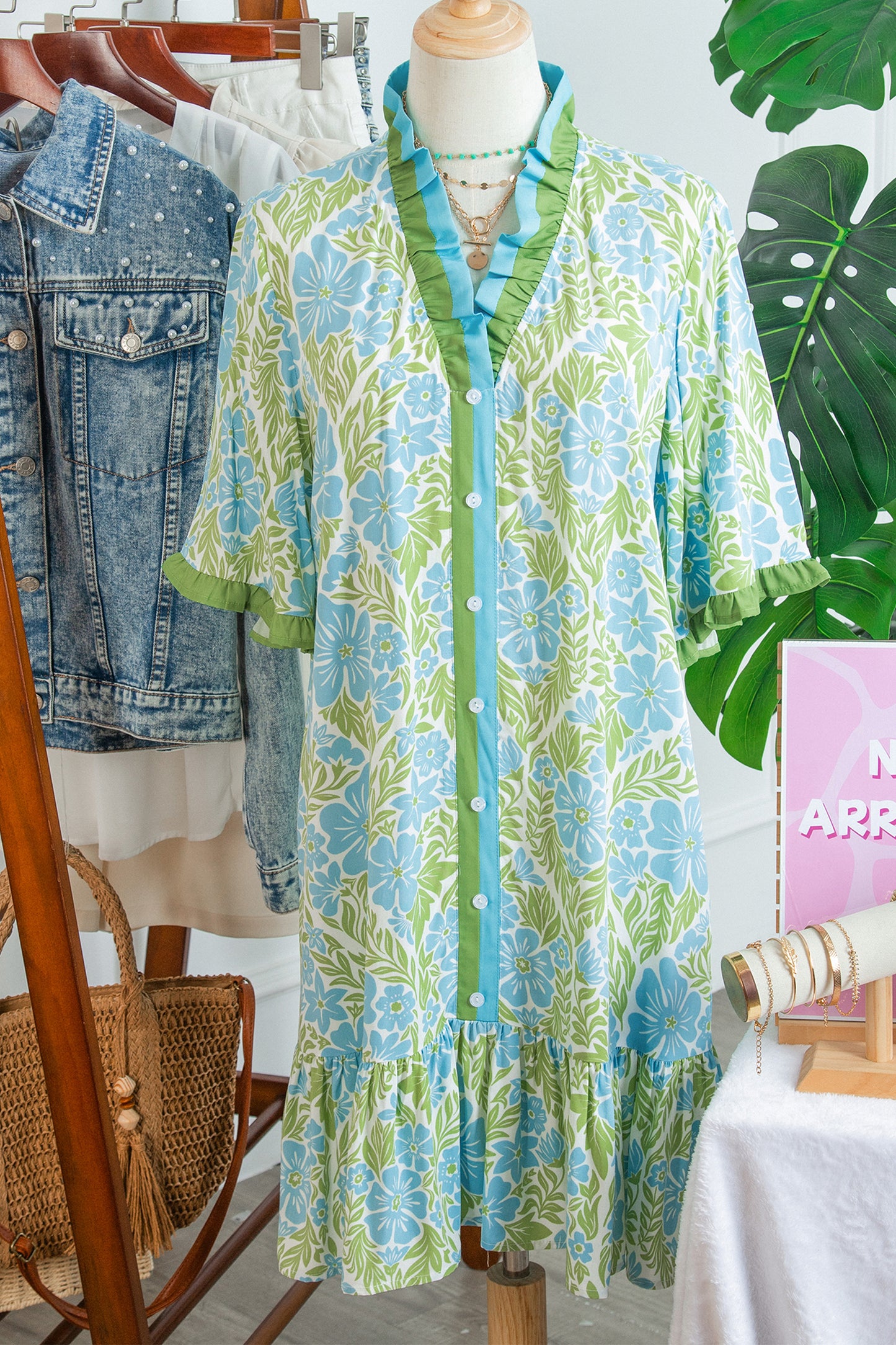 Sky Blue Botanical Floral Print Frilled Trim V Neck Button Front Loose Dress-TOPS / DRESSES-[Adult]-[Female]-2022 Online Blue Zone Planet