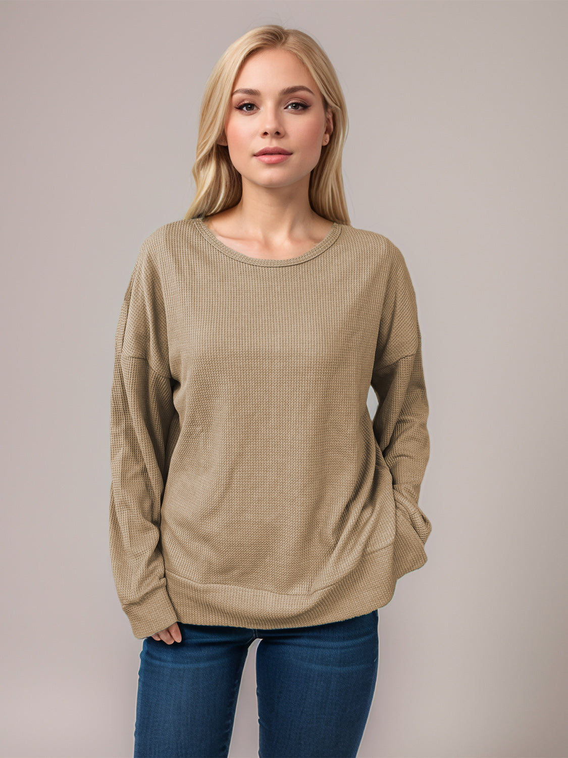 Blue Zone Planet | Side Slit Round Neck Long Sleeve T-Shirt-TOPS / DRESSES-[Adult]-[Female]-Tan-S-2022 Online Blue Zone Planet