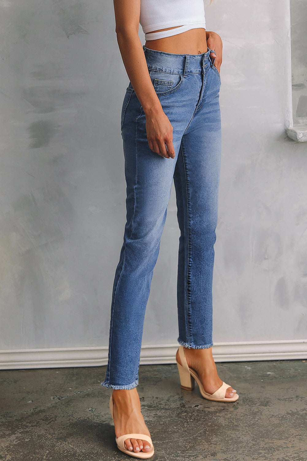 Sky Blue Double Button Raw Hem Slim Fit Jeans-Bottoms/Jeans-[Adult]-[Female]-2022 Online Blue Zone Planet