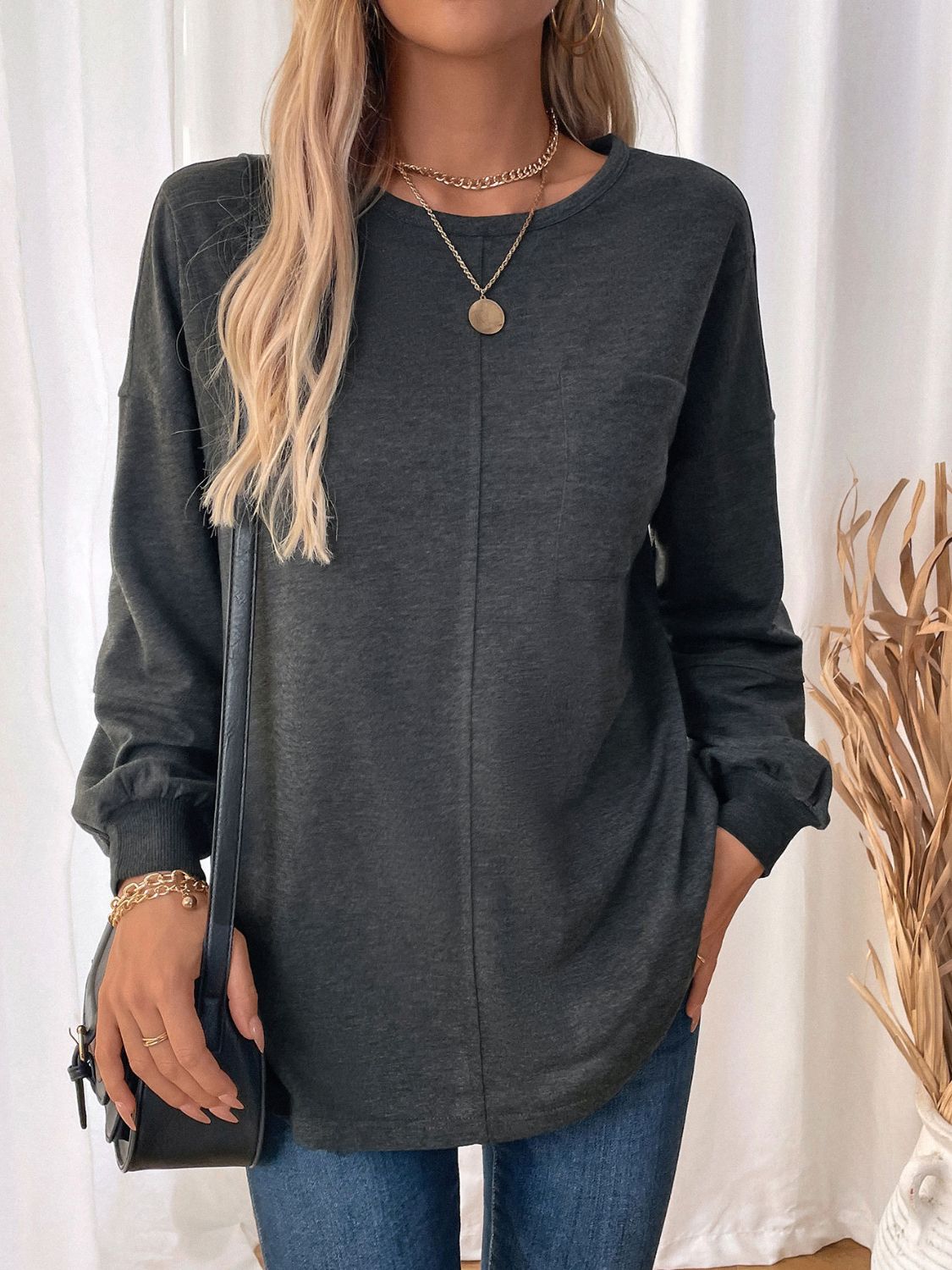 Perfee Pocketed Round Neck Long Sleeve Sweatshirt-TOPS / DRESSES-[Adult]-[Female]-Dark Gray-S-2022 Online Blue Zone Planet