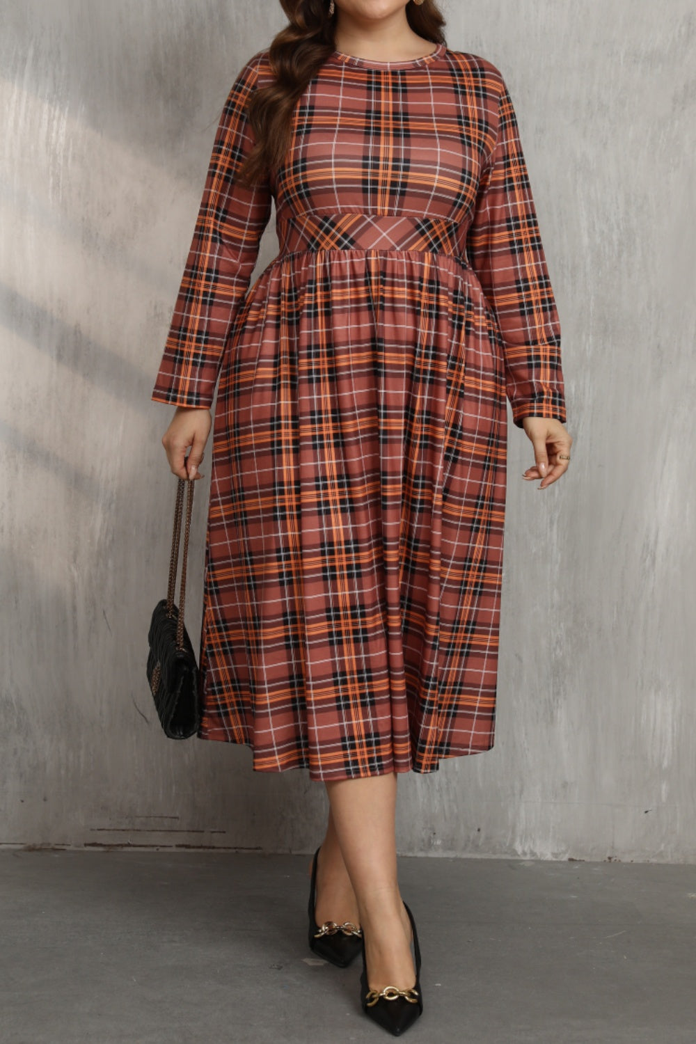 Plus Size Plaid Round Neck Long Sleeve Midi Dress-TOPS / DRESSES-[Adult]-[Female]-Mocha-0XL-2022 Online Blue Zone Planet