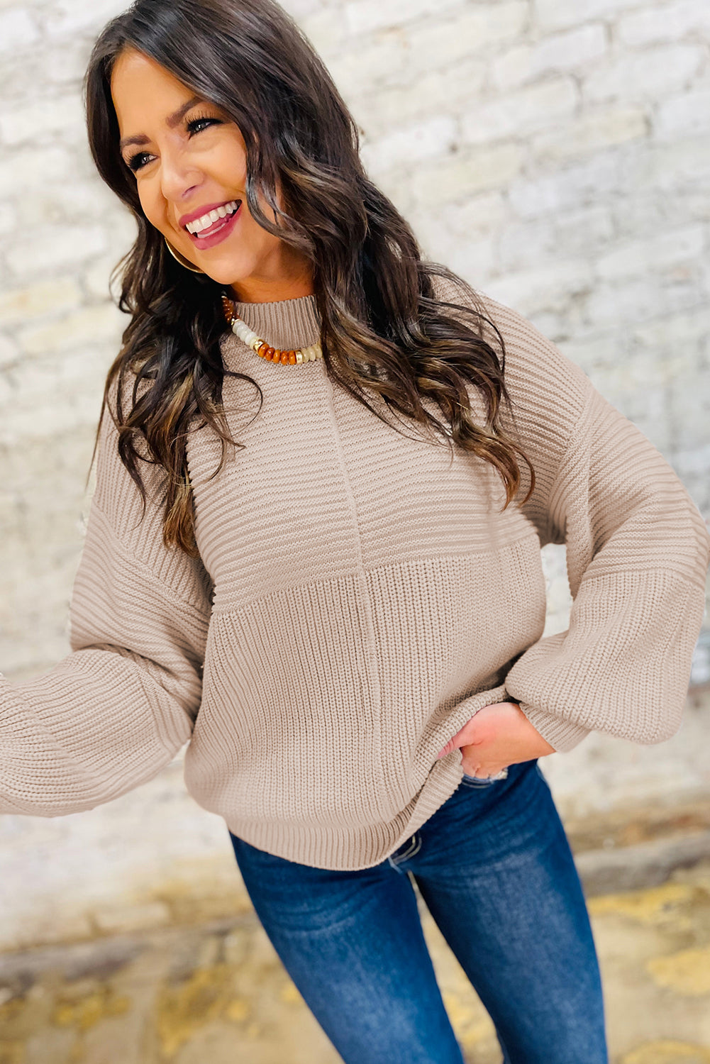 Parchment Mixed Texture Patchwork Knitted Puff Sleeve Sweater-TOPS / DRESSES-[Adult]-[Female]-2022 Online Blue Zone Planet
