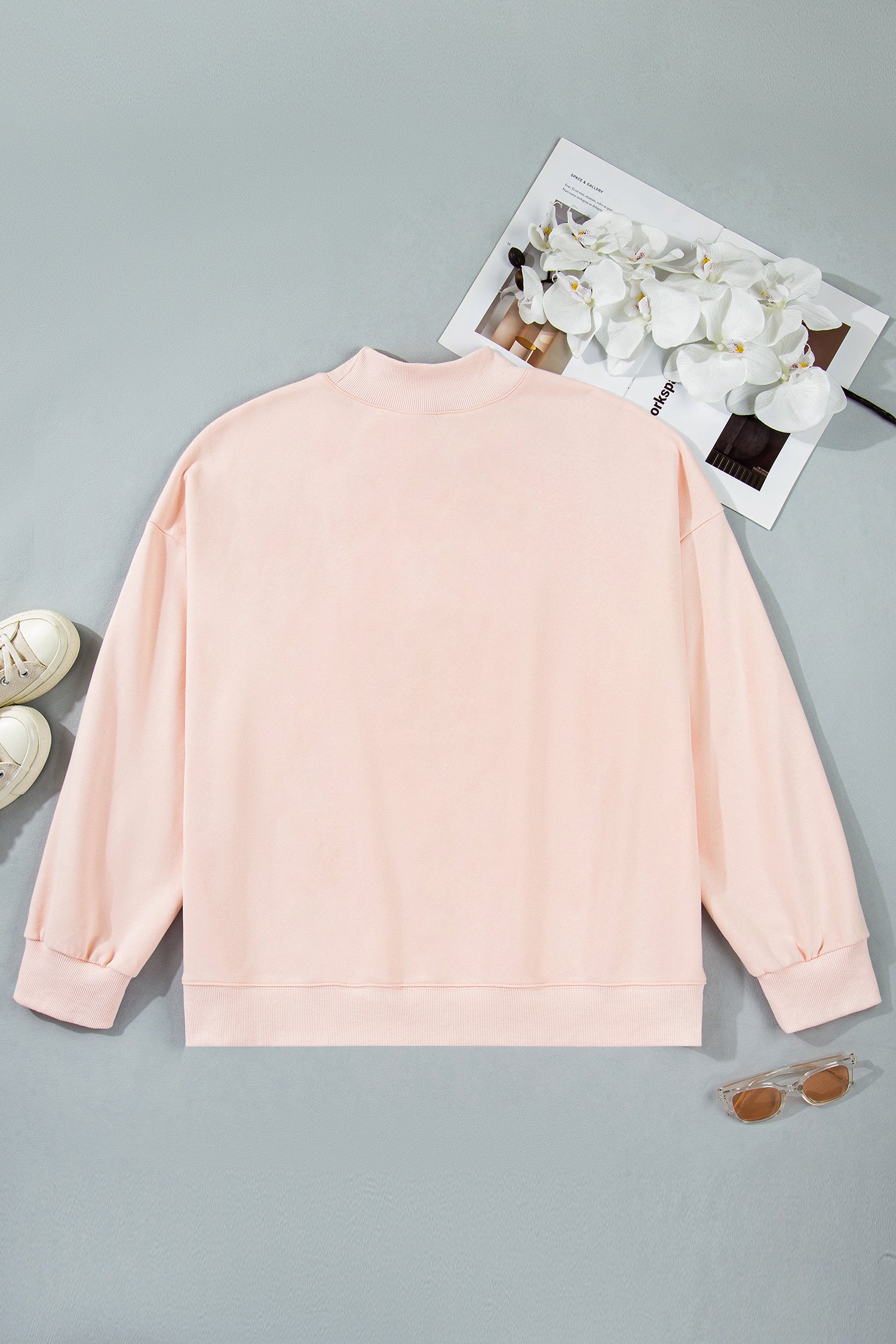 Light Pink BLESSED Embroidered Trim Patch Graphic Plus Size Mock Neck Sweatshirt-Plus Size/Plus Size Sweatshirts & Hoodies-[Adult]-[Female]-2022 Online Blue Zone Planet
