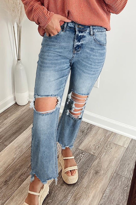 Myosotis Raw Hem Ripped Open Knee Fit Flare Jeans-TOPS / DRESSES-[Adult]-[Female]-Myosotis-4-2022 Online Blue Zone Planet