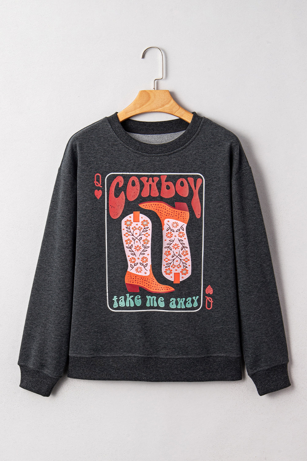 Carbon Grey Cowboy Queen Card Drop Shoulder Graphic Sweatshirt-Tops/Sweatshirts & Hoodies-[Adult]-[Female]-2022 Online Blue Zone Planet