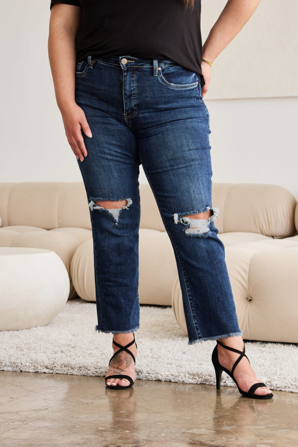 RFM Crop Dylan Full Size Tummy Control Distressed High Waist Raw Hem Jeans-BOTTOM SIZES SMALL MEDIUM LARGE-[Adult]-[Female]-2022 Online Blue Zone Planet