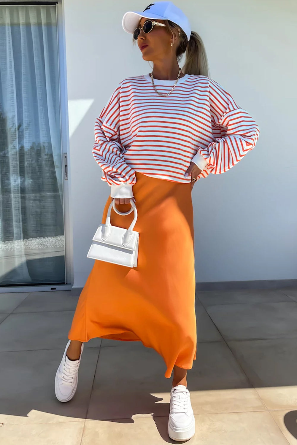 Orange Stripe Drop Shoulder Crew Neck Loose Sweatshirt-Tops/Sweatshirts & Hoodies-[Adult]-[Female]-2022 Online Blue Zone Planet