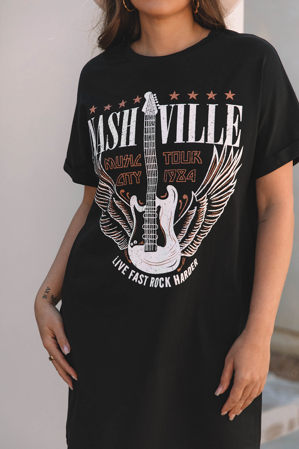 Black Nashville Guitar Print Crew Neck T Shirt Mini Dress-TOPS / DRESSES-[Adult]-[Female]-2022 Online Blue Zone Planet