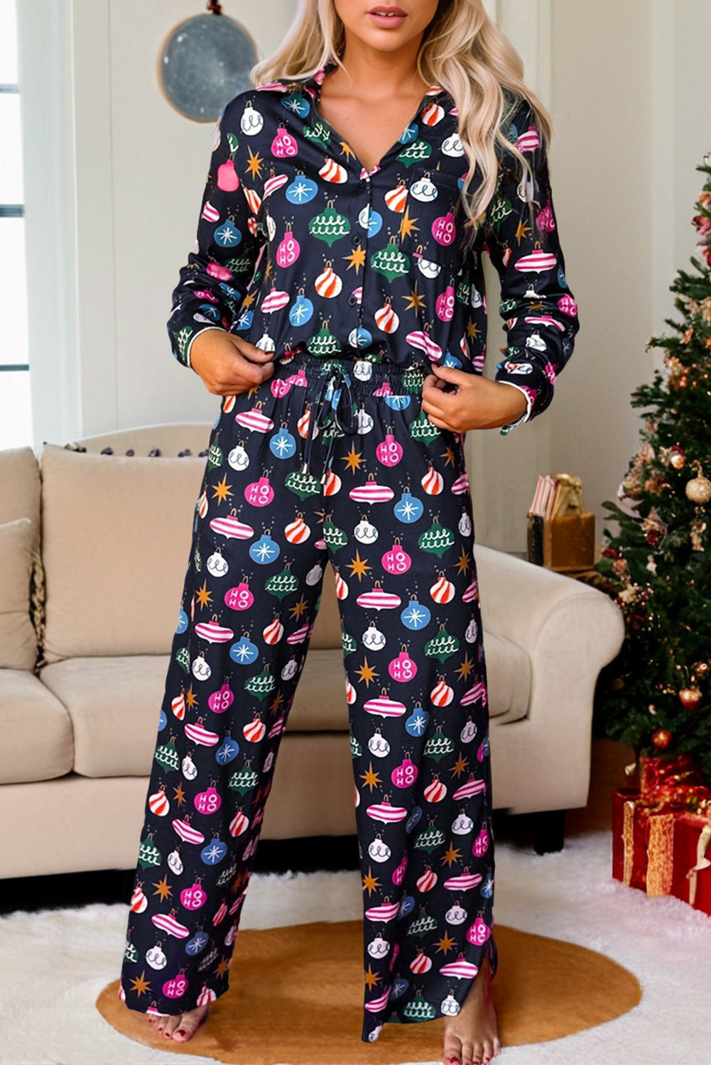 Christmas Lights Print Collared Neck Top and Pants Set-TOPS / DRESSES-[Adult]-[Female]-Navy Blue-S-2022 Online Blue Zone Planet