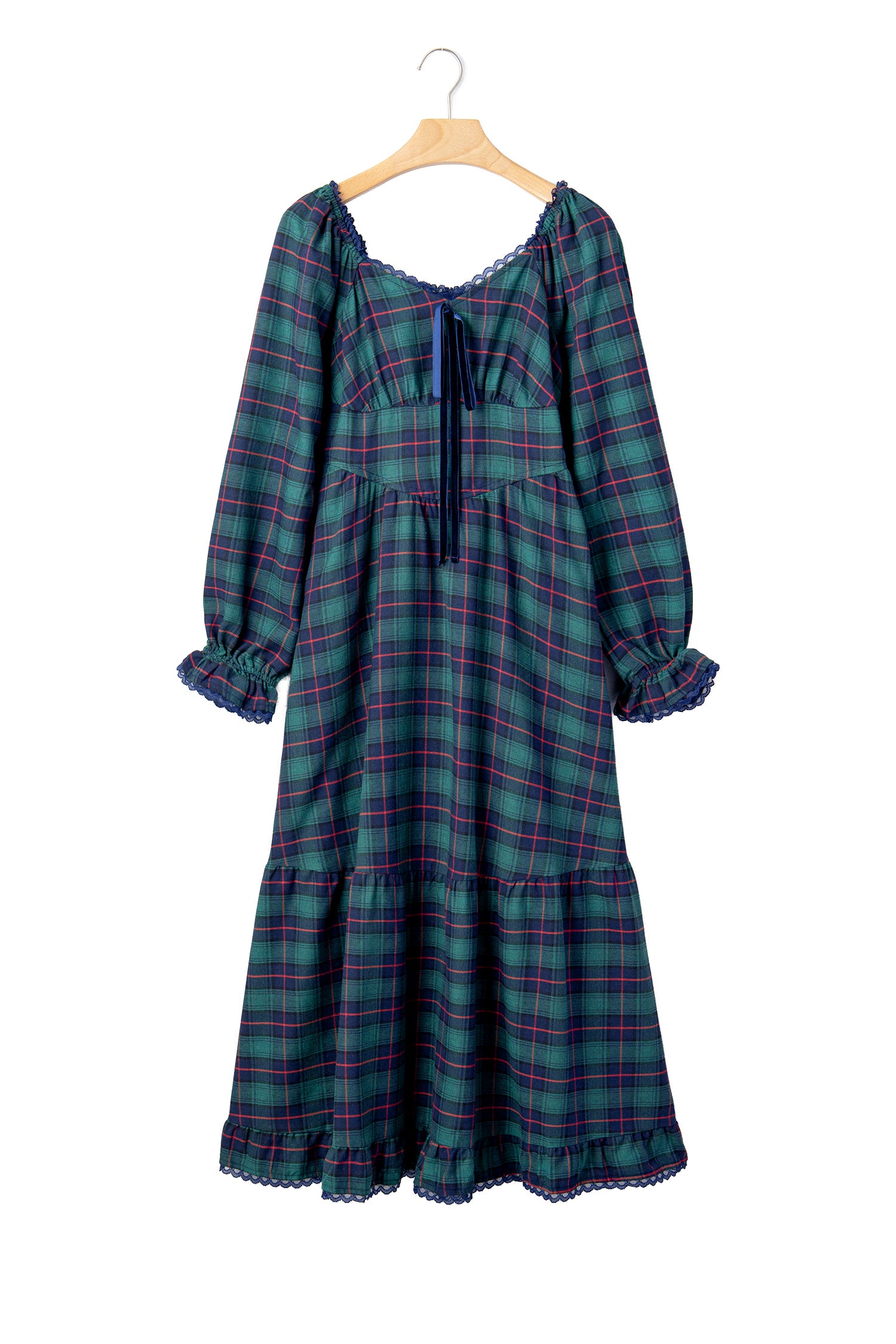 Green Vintage Plaid Square Neck Lace Trim Long Sleeve Shift Dress-TOPS / DRESSES-[Adult]-[Female]-2022 Online Blue Zone Planet