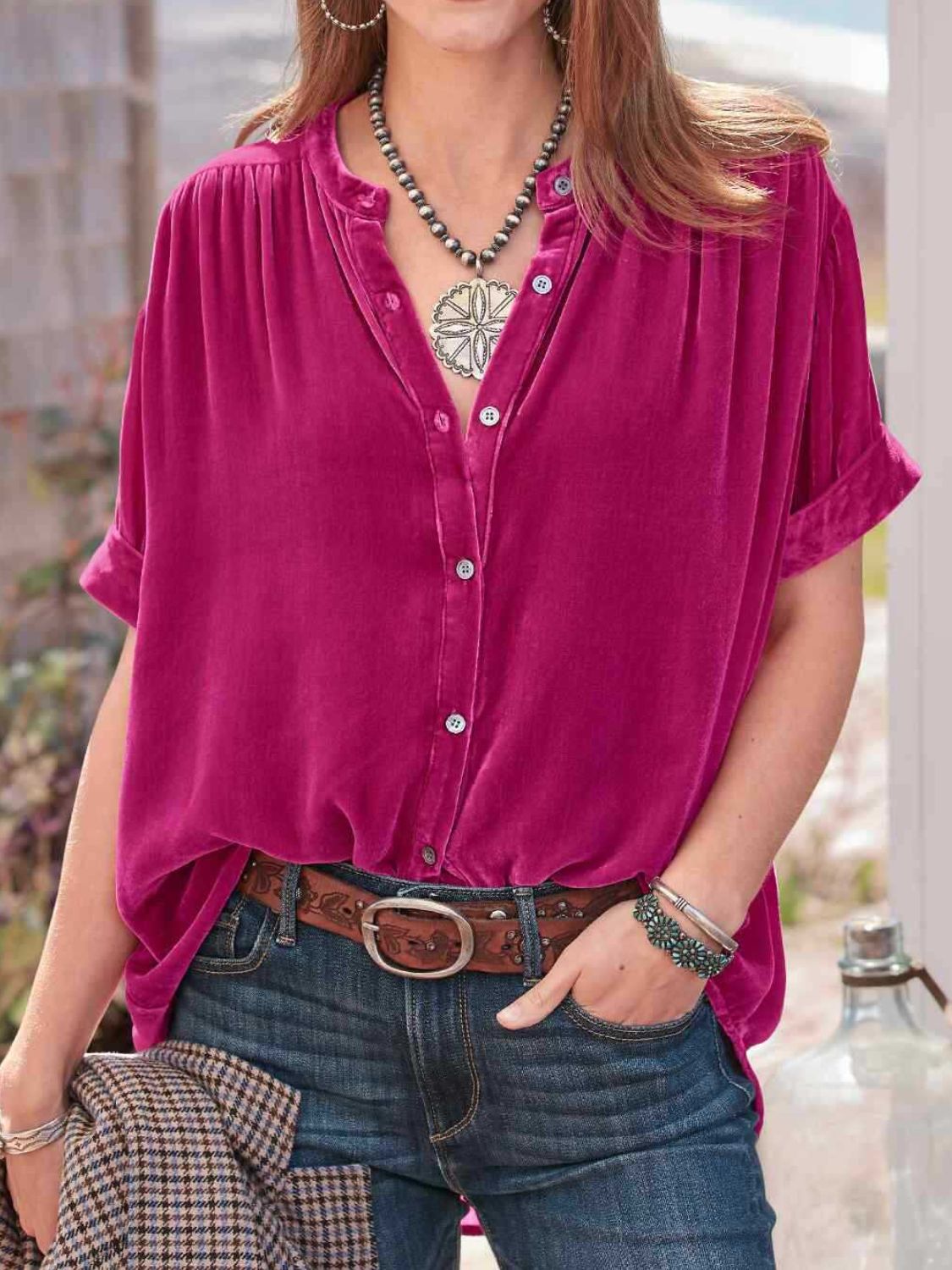 Ruched Round Neck Short Sleeve Shirt-TOPS / DRESSES-[Adult]-[Female]-Cerise-S-2022 Online Blue Zone Planet